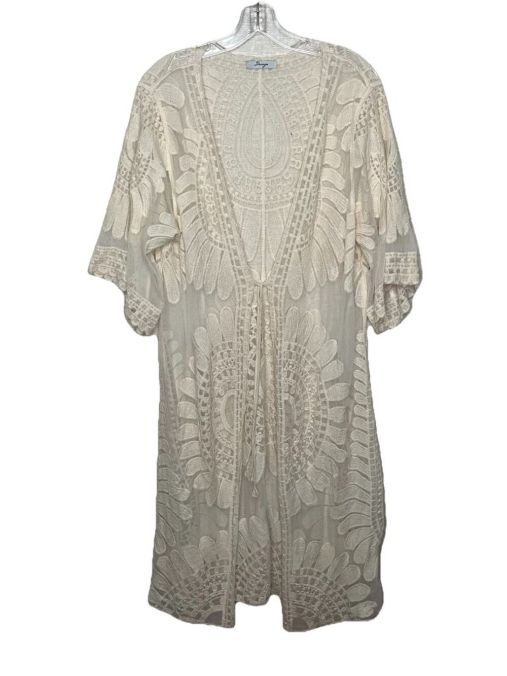 Dasayo Sheer Lace Kimono Cardigan Tie Front Ivory Boho Bell Sleeve Duster OS